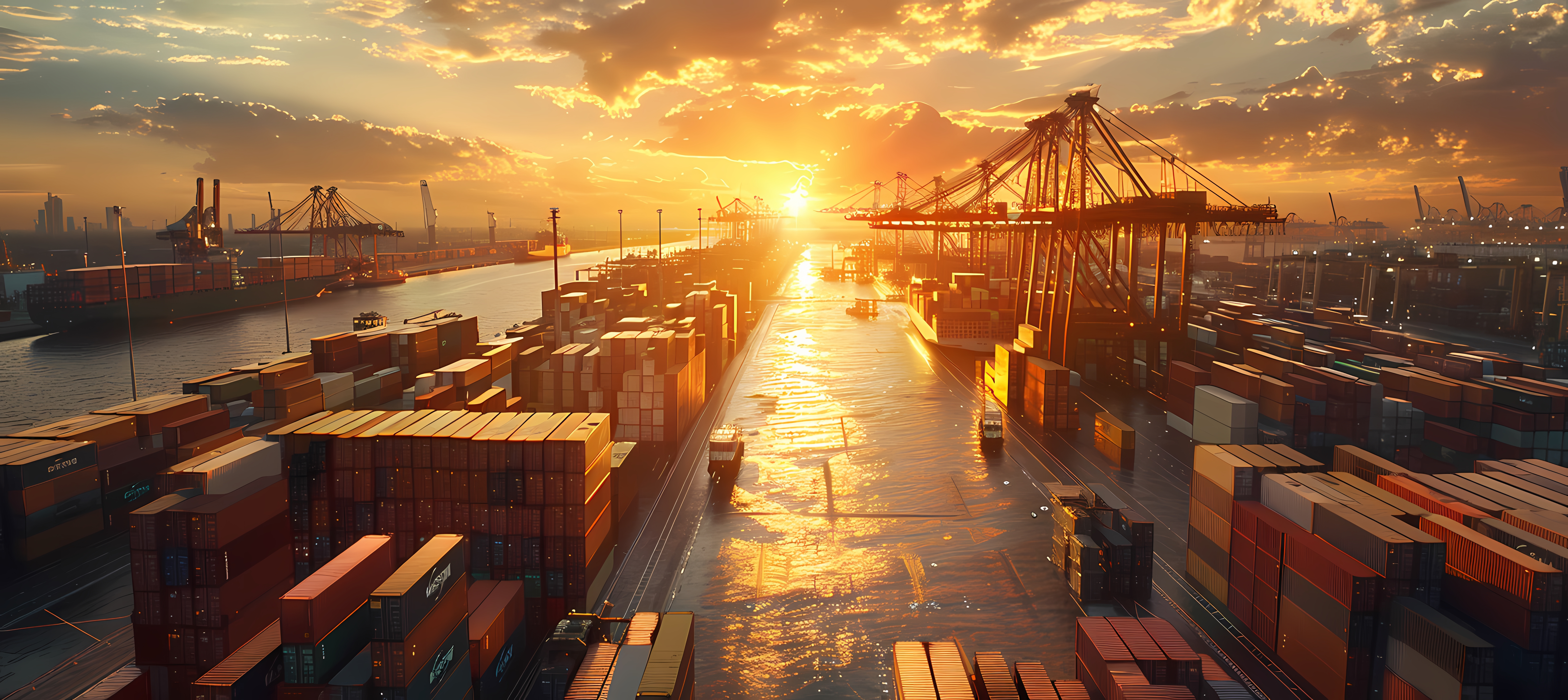 Shipping port at sunset with containers and cranes